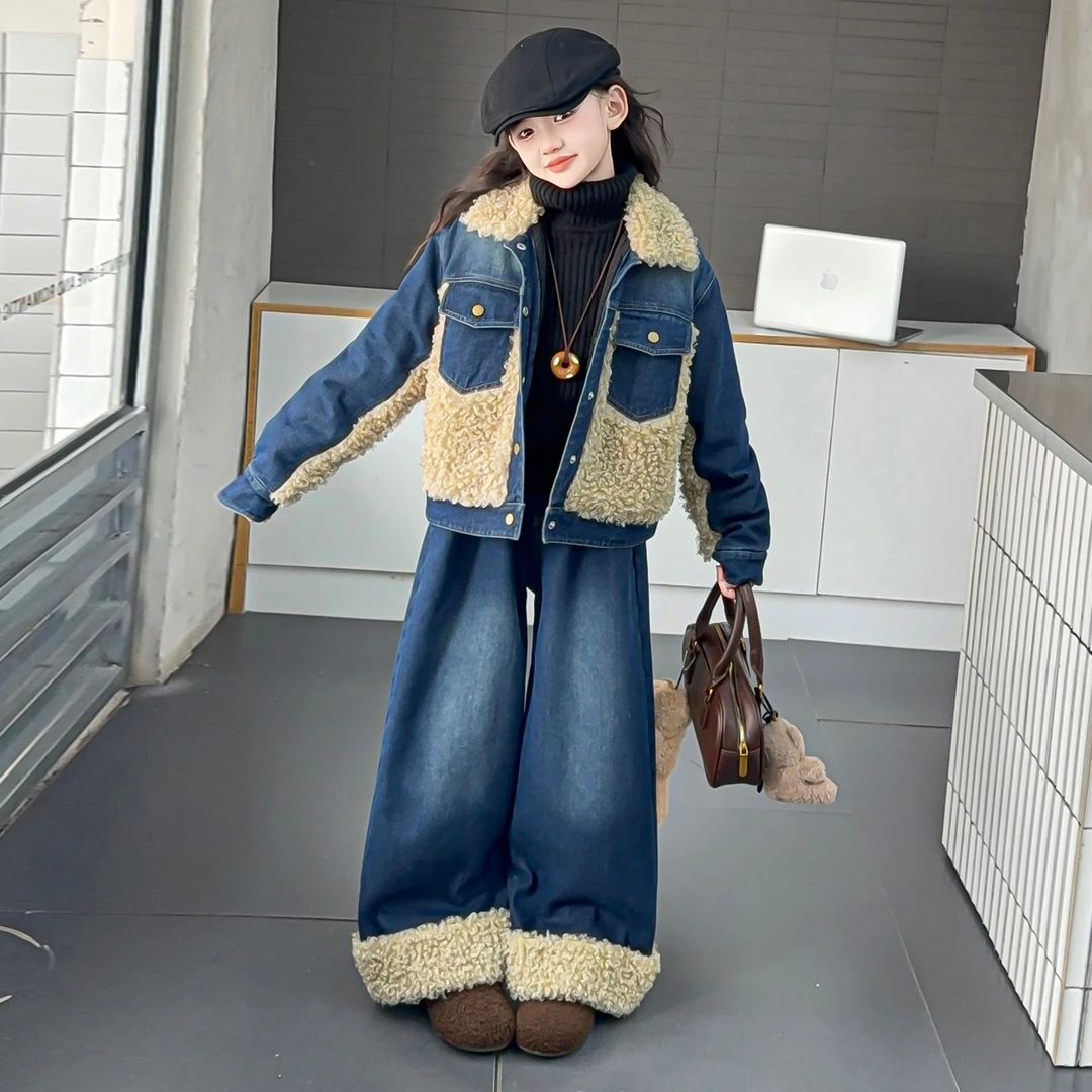 女童秋冬款韩版休闲加绒加厚牛仔套装女大童初中生洋气儿童秋装潮