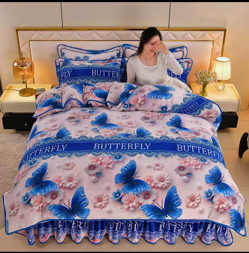 【活动中】8-9斤加厚保暖床裙牛奶绒四件套被套双面毛绒被套四件套