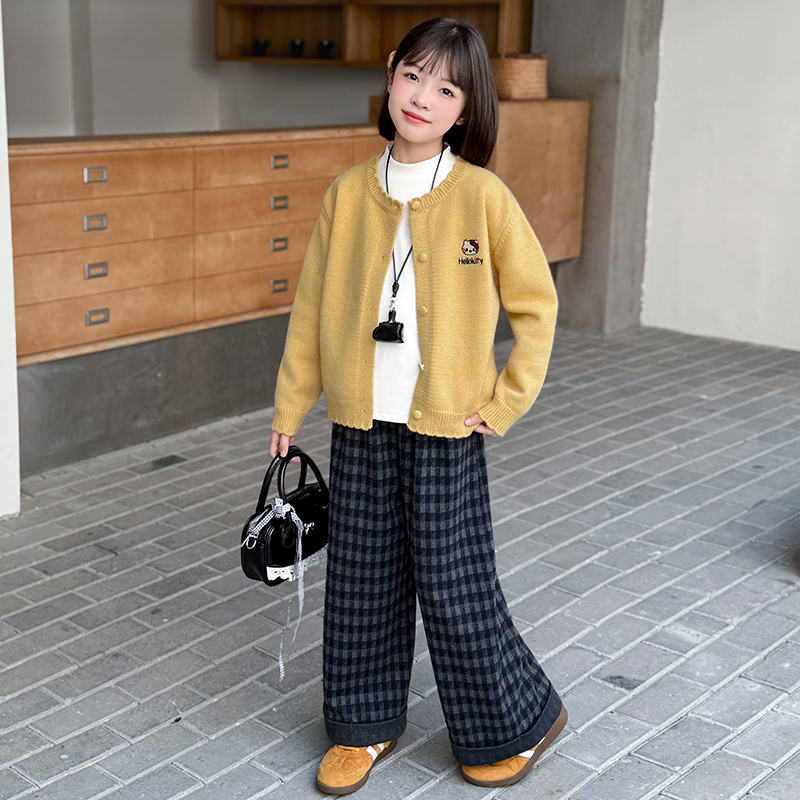 女大童春秋套装2025新款女童秋季针织外套儿童秋装红色毛衣两件套
