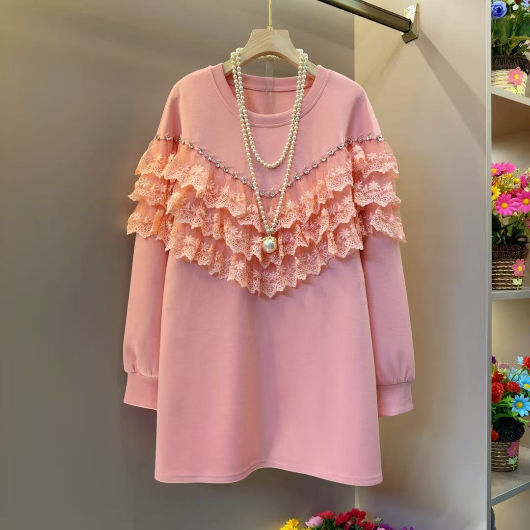 纱网拼接时尚百搭宽松遮肉网红卫衣长袖衣长76左右