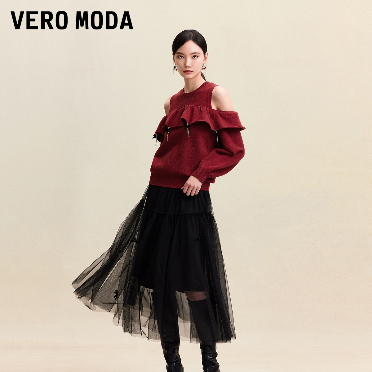 Vero Moda连衣裙2025秋冬新款蝴蝶结针织衫长裙真两件流光风洋气
