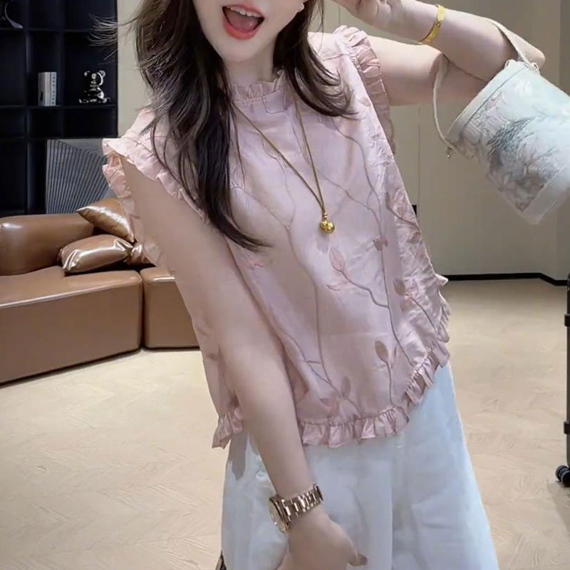 2025夏季新款粉色圆领印花设计感短袖衬衫女洋气时尚百搭显瘦衬衣