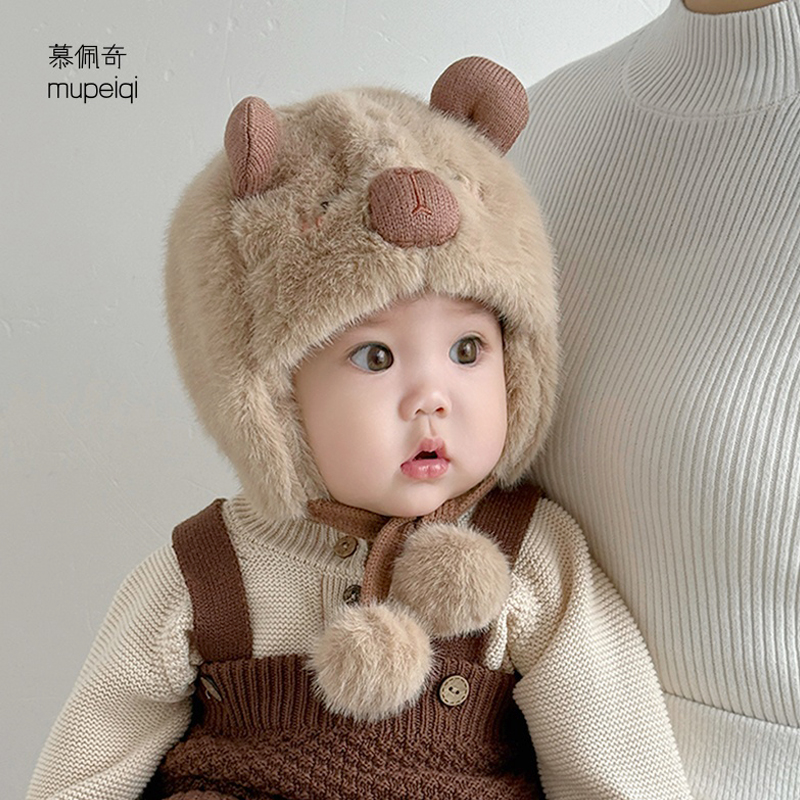 婴儿帽子秋冬季毛绒帽男女宝宝可爱小熊护耳帽冬天保暖套头帽厚款