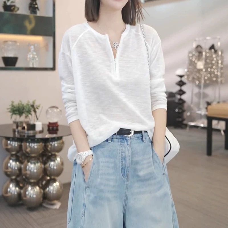 半拉链薄款圆领长袖t恤女2025夏季新款时尚宽松休闲百搭上衣