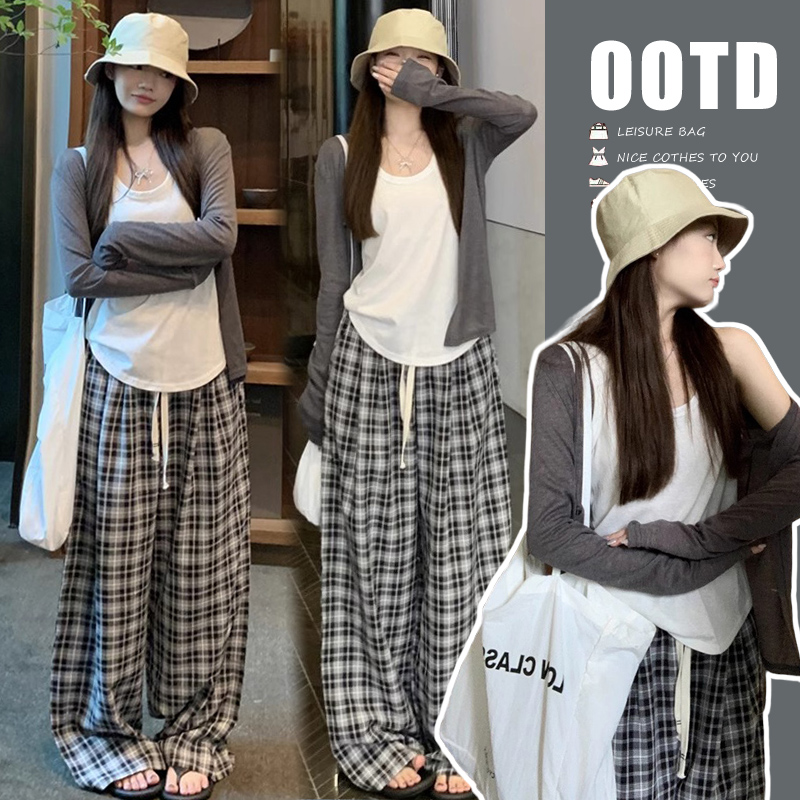 慵懒风孕妇套装灰色防晒外套女无袖背心秋季格子休闲裤显瘦三件套