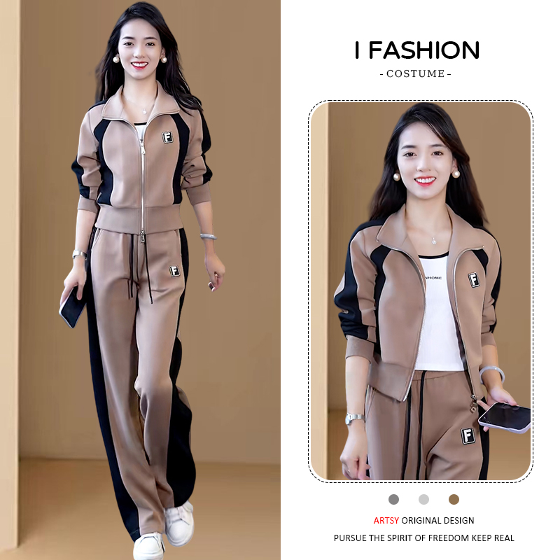 高含棉时尚百搭运动套装女2026年春秋新款宽松短外套直筒裤两件套