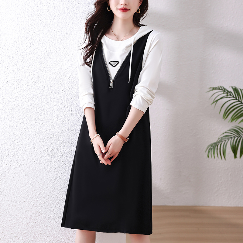 时尚假两件撞色连衣裙秋季欧洲站大码a字裙2025新款裙子设计感裙