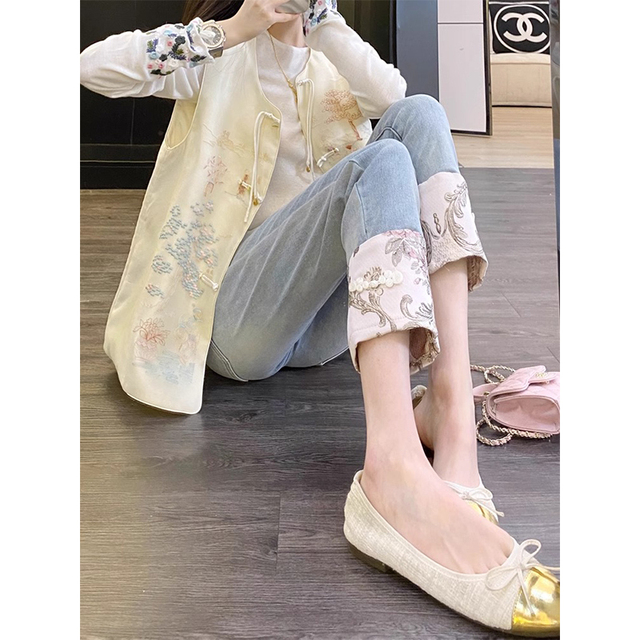 2025新中式国风印花直筒牛仔裤女夏季新款胖妹妹mm显瘦九分烟管裤