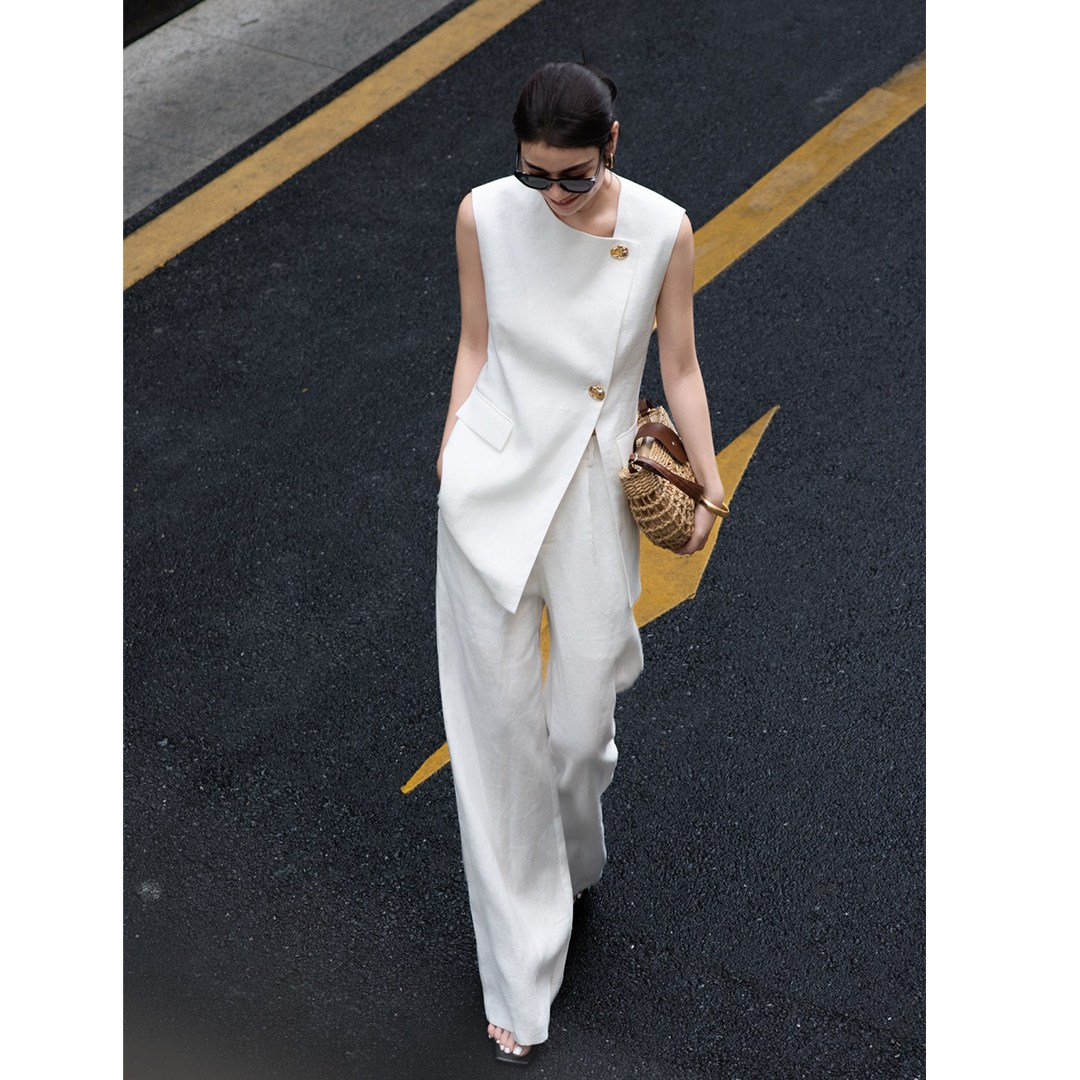 欧洲站女装2025夏法式英伦风亚麻时尚大气马甲阔腿裤套装两件套潮