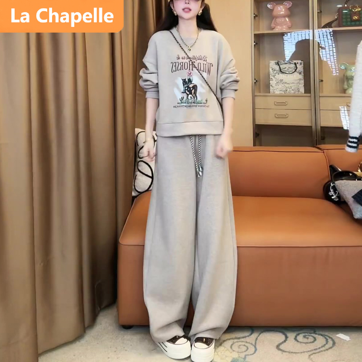 拉夏贝尔学院风休闲时尚套装女春秋冬洋气减龄灰色卫衣阔腿裤两件