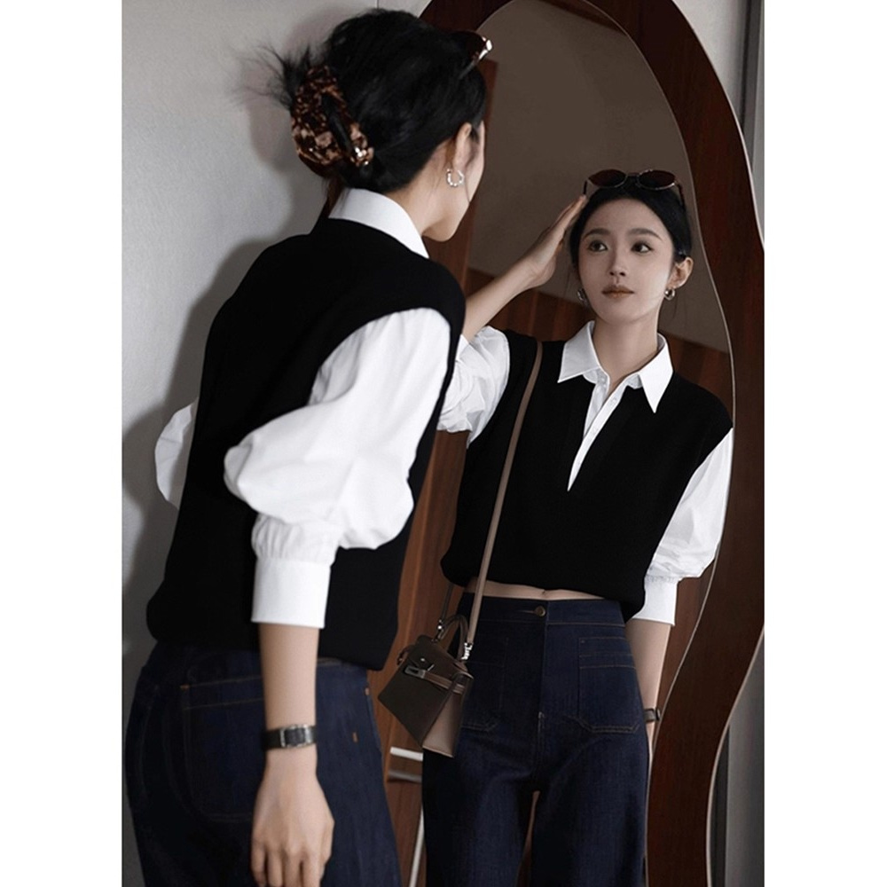 2025秋冬小众不撞款独特别致绝美高级感超好看拼接假两件毛衣