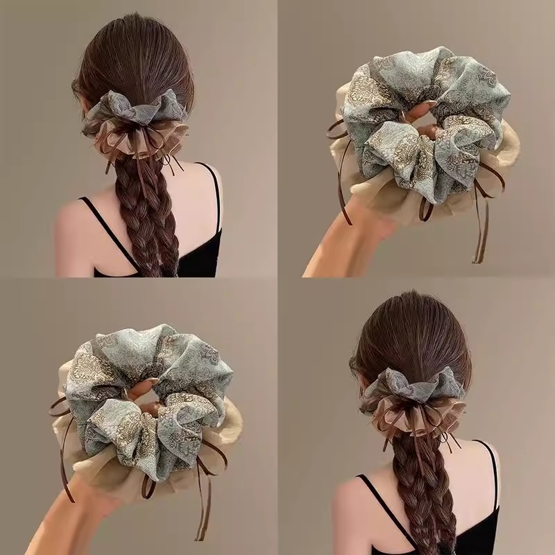 高级感复古碎花飘带大肠发圈女2025新款扎马尾丸子头大号皮筋发绳