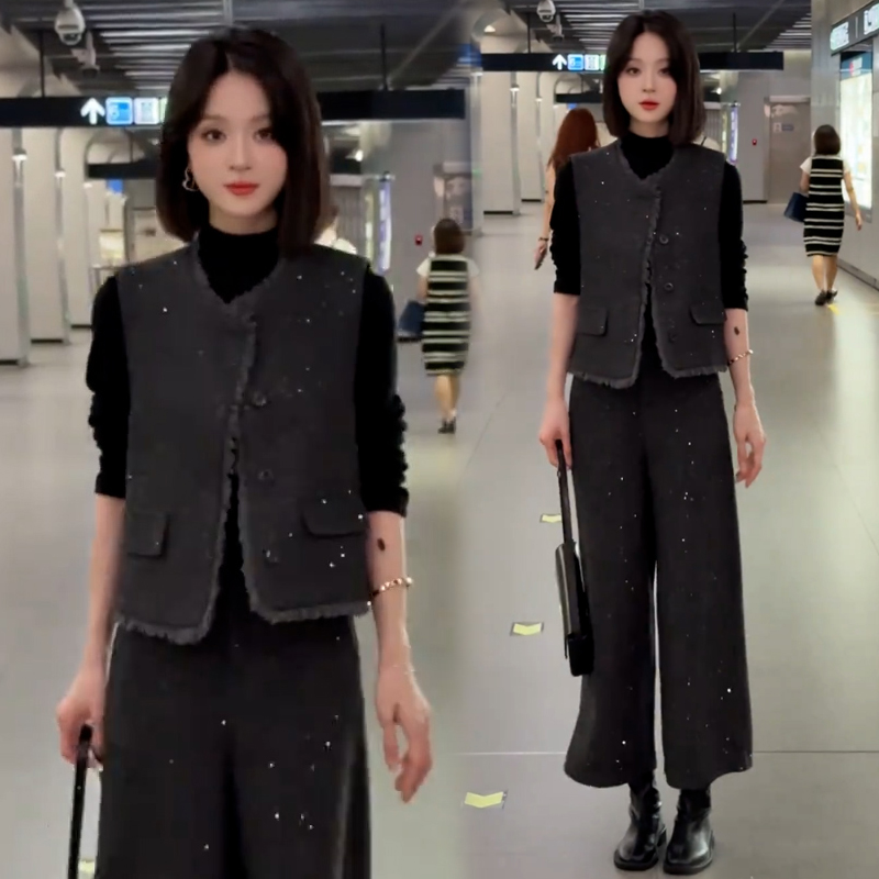 拉夏贝尔早秋新款时尚套装小香风显瘦马甲打底衫阔腿裤三件套装