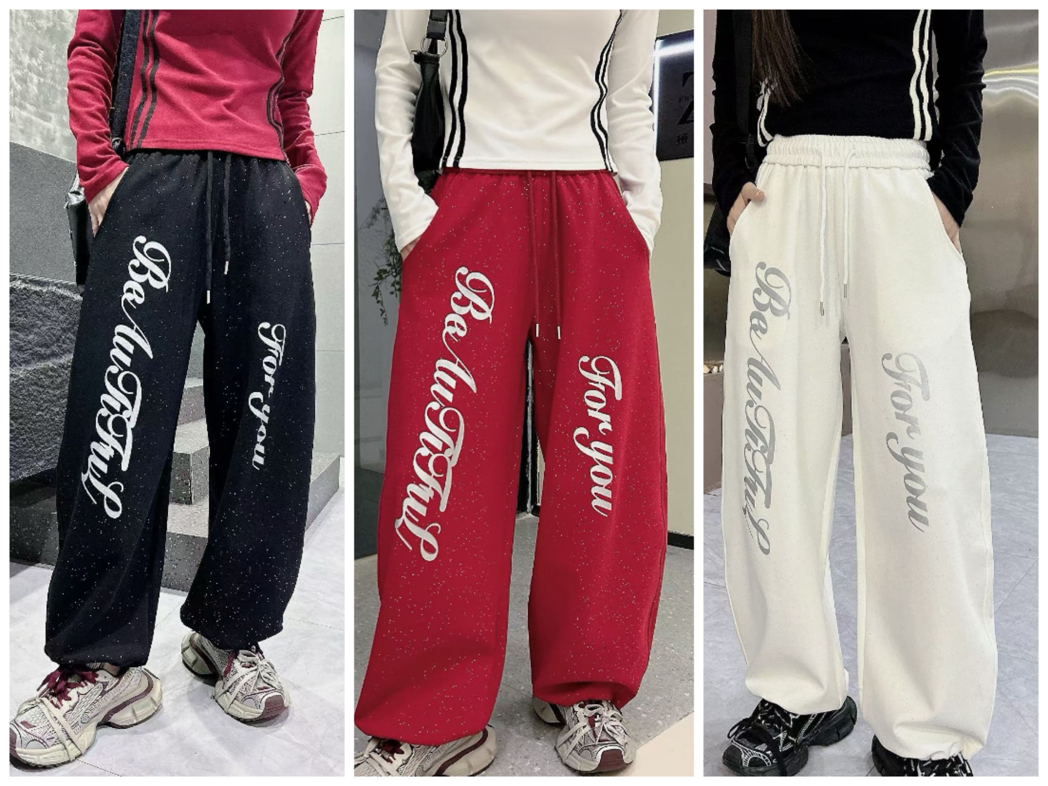 YT新款2502满天星字母阔腿裤松紧腰慵懒风撒银休闲裤街头嘻哈显瘦