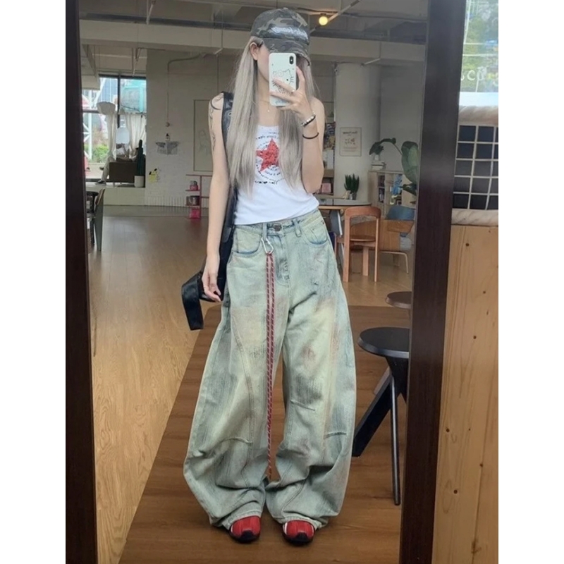 【现货+运费险+送挂绳】美式复古做旧脏染弯刀牛仔裤女秋季宽松显瘦