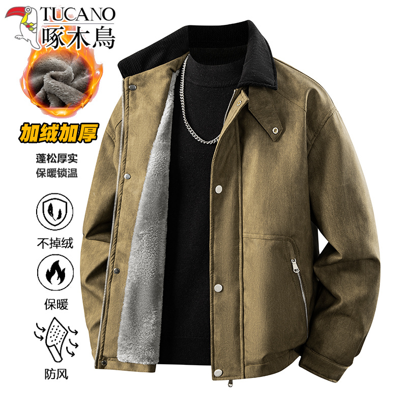 男士冬季保暖加绒厚款情侣美式复古夹克工装外套潮流宽松皮衣外套