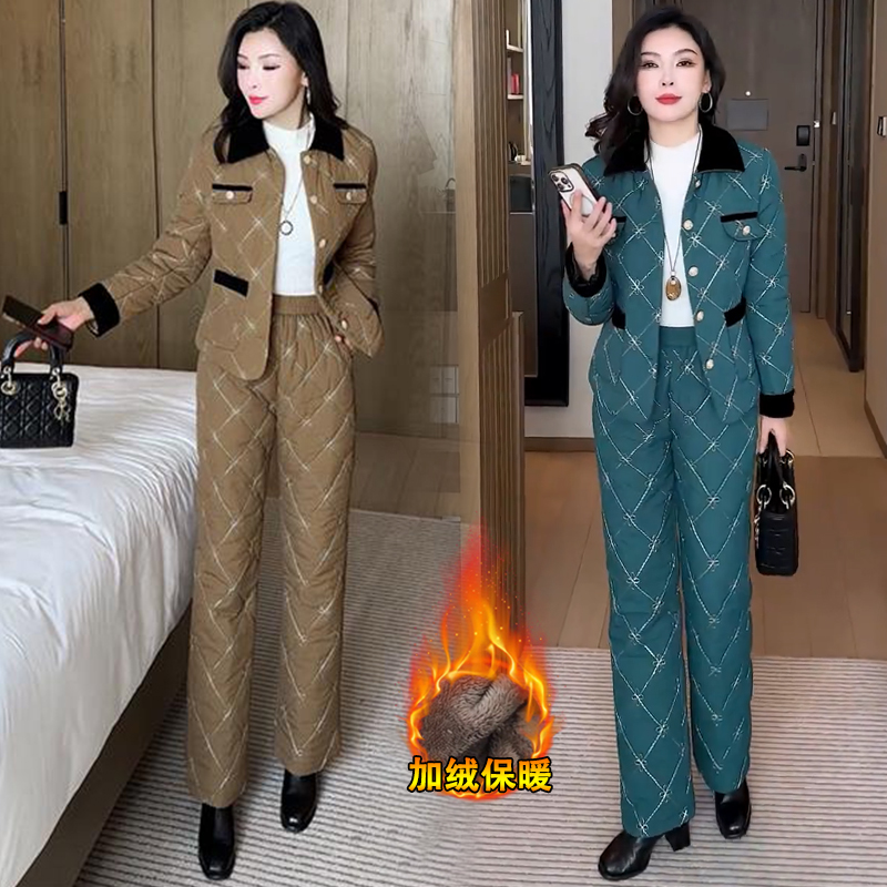 加绒加厚时尚套装女冬季新款洋气显瘦小香风短款棉服阔腿裤两件套