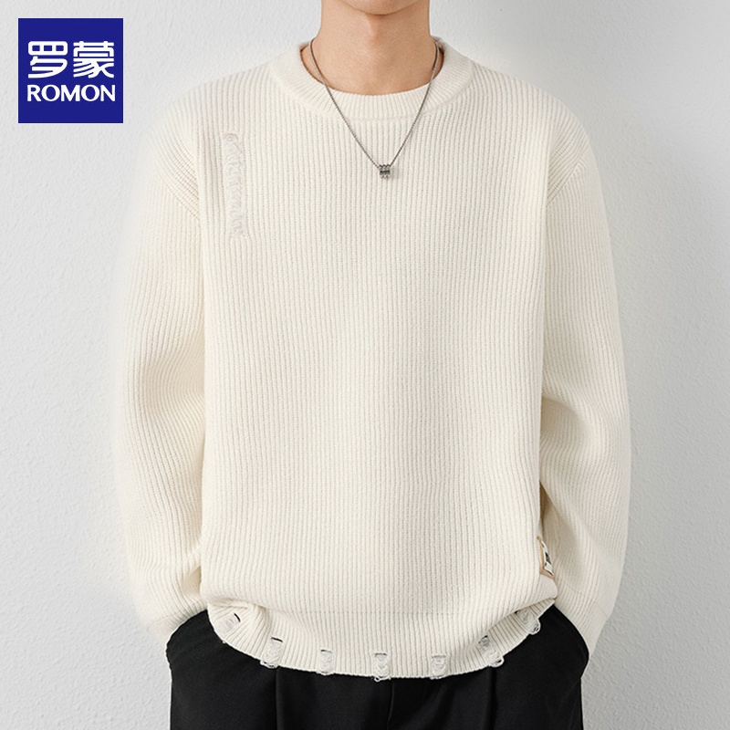 罗蒙纯色毛衣男士秋季新款圆领打底毛线上衣休闲慵懒风针织衫男装