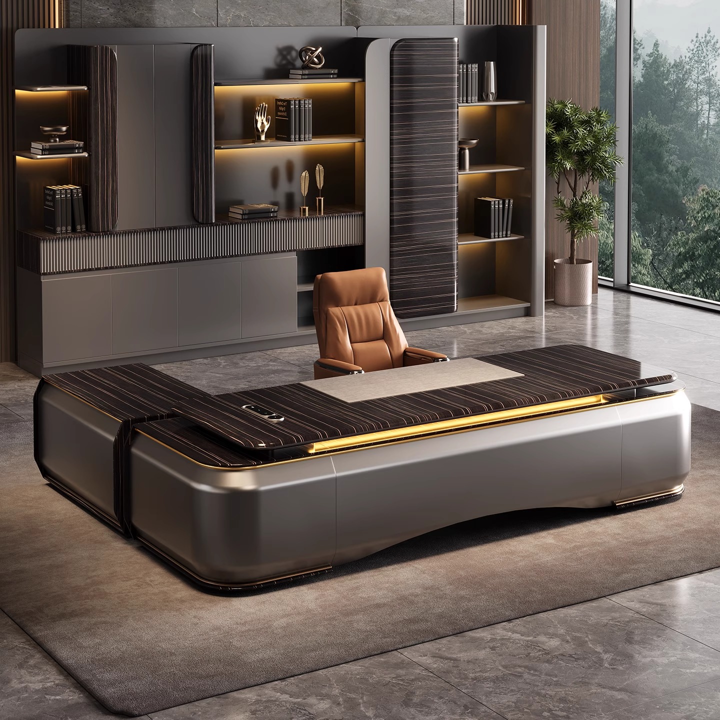 轻奢老板桌现代董事长办公室总裁桌大班台高端升降办公桌椅组合