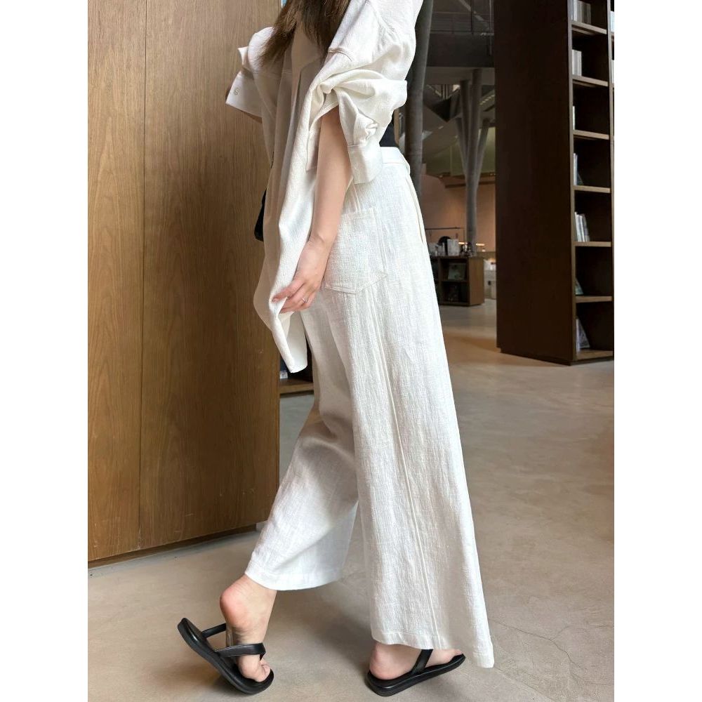 白色亚麻苎麻阔腿裤女2025夏季薄款透气棉麻九分裤垂感老钱直筒裤