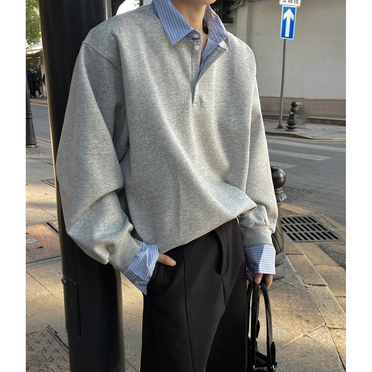 假两件衬衫领卫衣男款早秋潮牌宽松高级感痞帅长袖T恤休闲上衣服