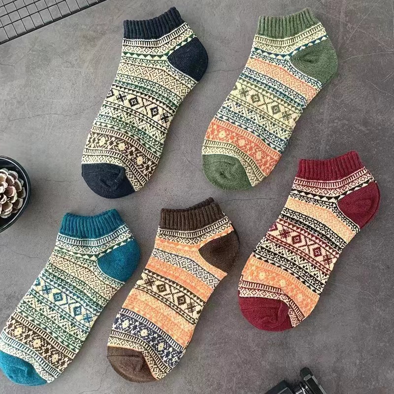 【拍一发五】复古中性民族风加厚船袜吸汗四季款民族风低腰短筒袜子