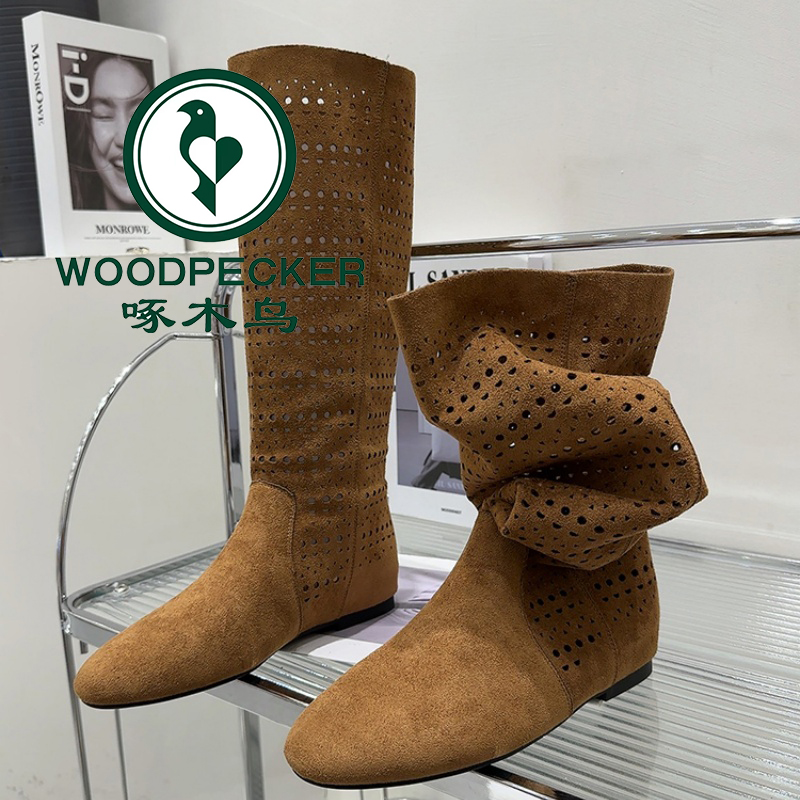 啄木鸟镂空透气高筒靴女2025夏季3CM内增高显瘦骑士靴平底长凉靴