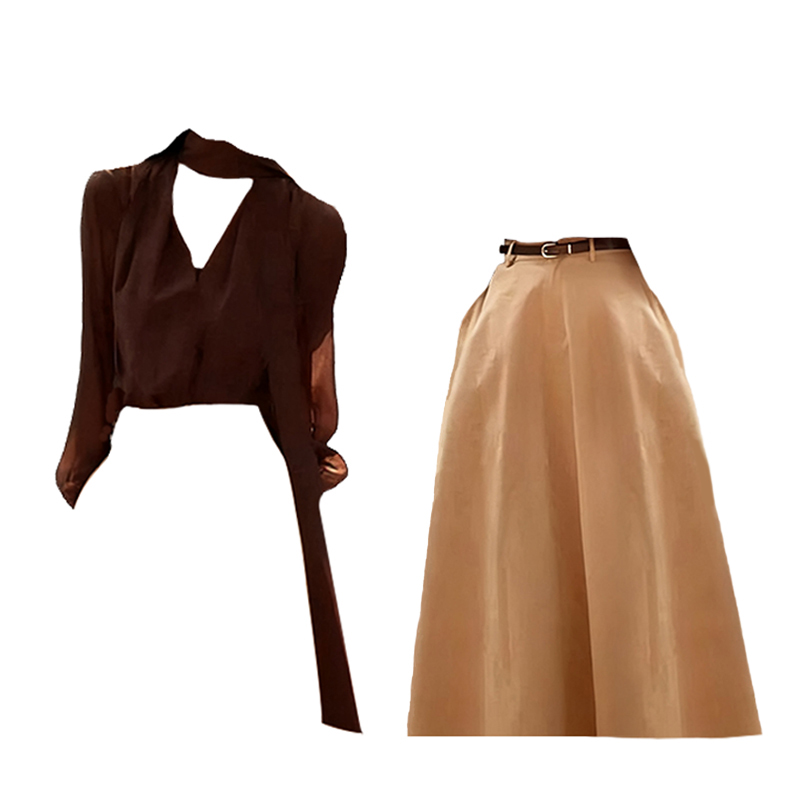 2025早秋新款女韩系穿搭修身V领飘带长袖上衣气质高腰显瘦半身裙