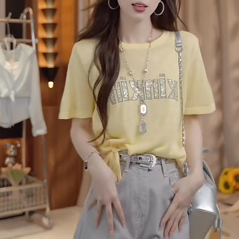2025夏季新款设计感圆领短袖T恤女不规则收腰显瘦休闲上衣小衫潮