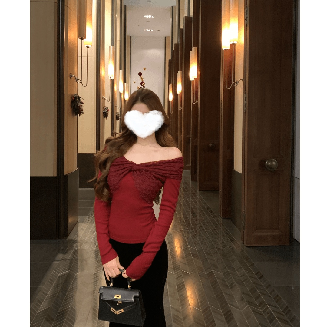 红色落肩袖上衣辣妹风性感2025新款法式高级感设计感气质显瘦修身