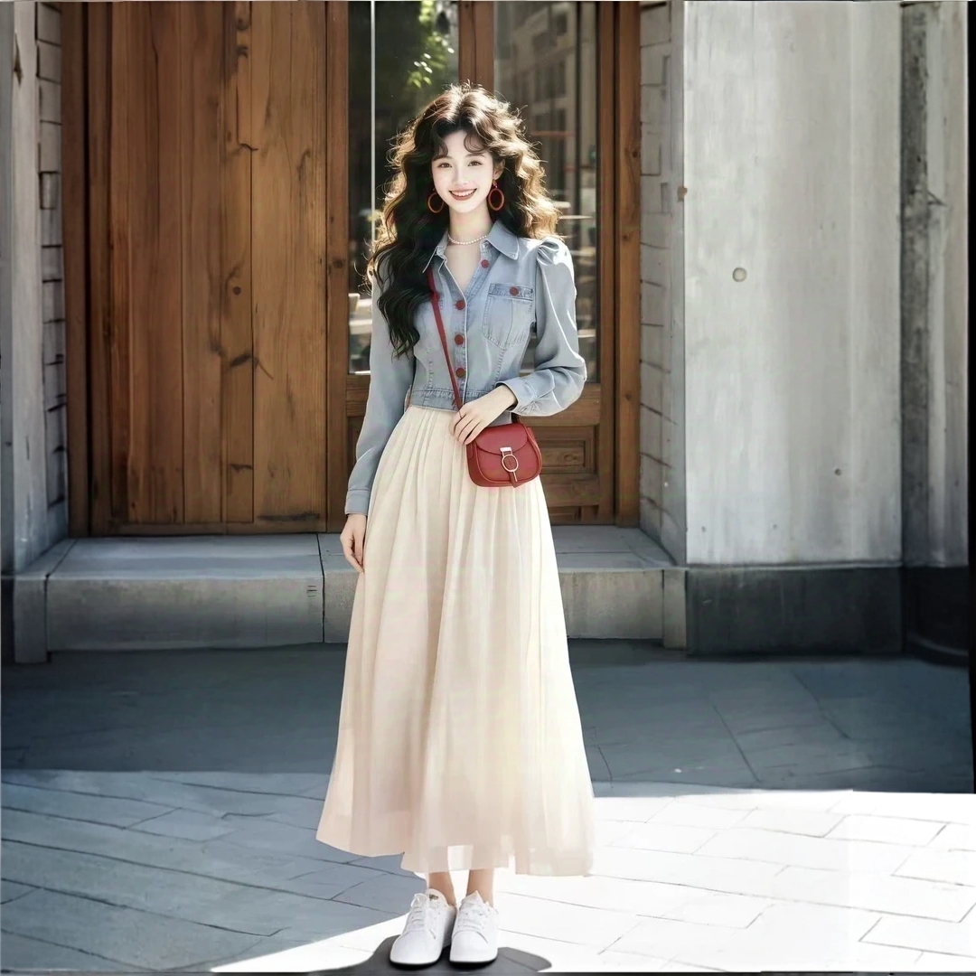 2025秋季新款法式气质复古穿搭牛仔百搭外套高腰修身半身裙两件套