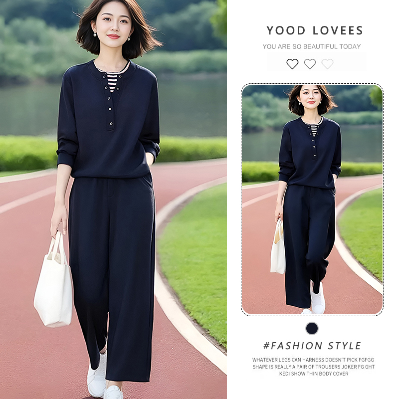 简约风时尚休闲假两件卫衣上衣女2026春秋新款气质松紧腰长裤套装