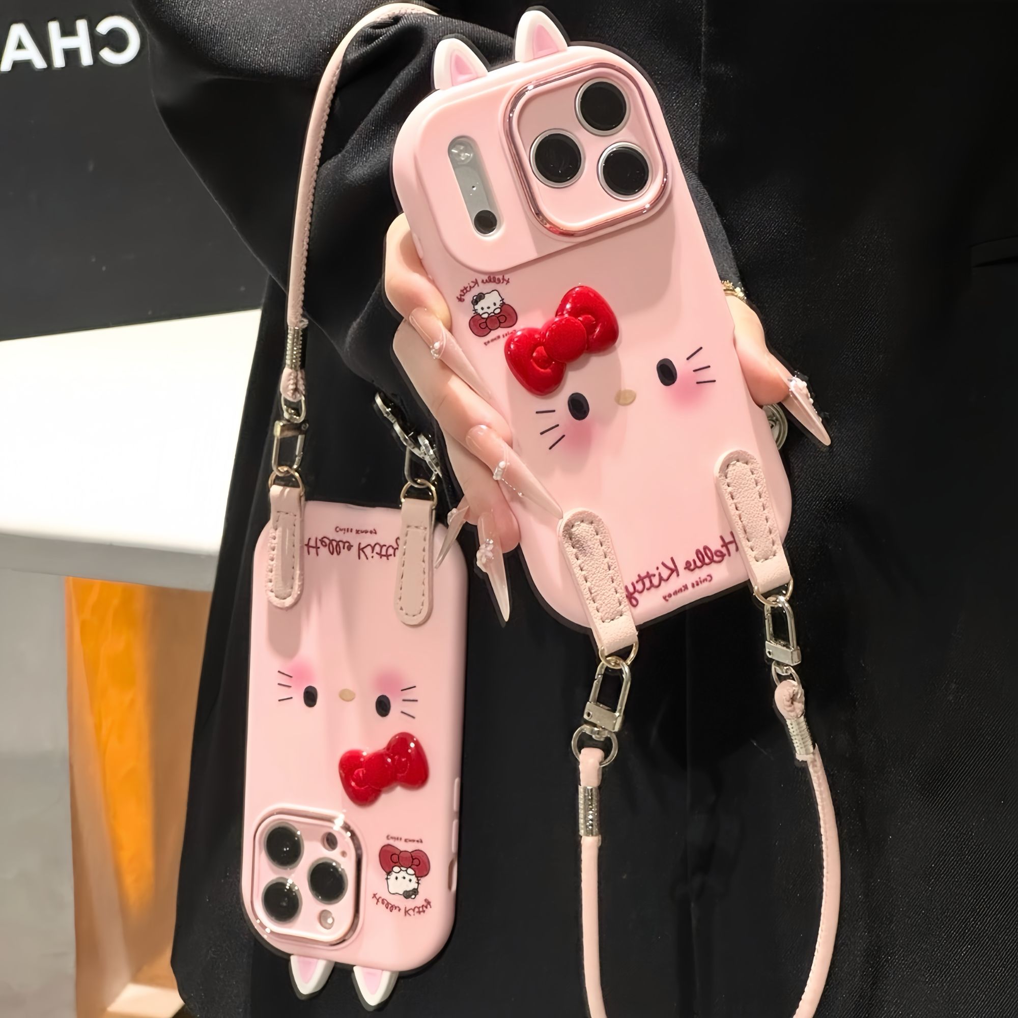 蝴蝶结KT猫耳朵挂绳适用苹果17手机壳iPhone16小米14vivoppo华为