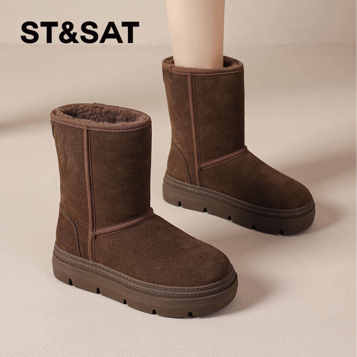 星期六加绒厚底雪地靴女2025冬季保暖复古毛毛棉靴加厚中筒靴子女