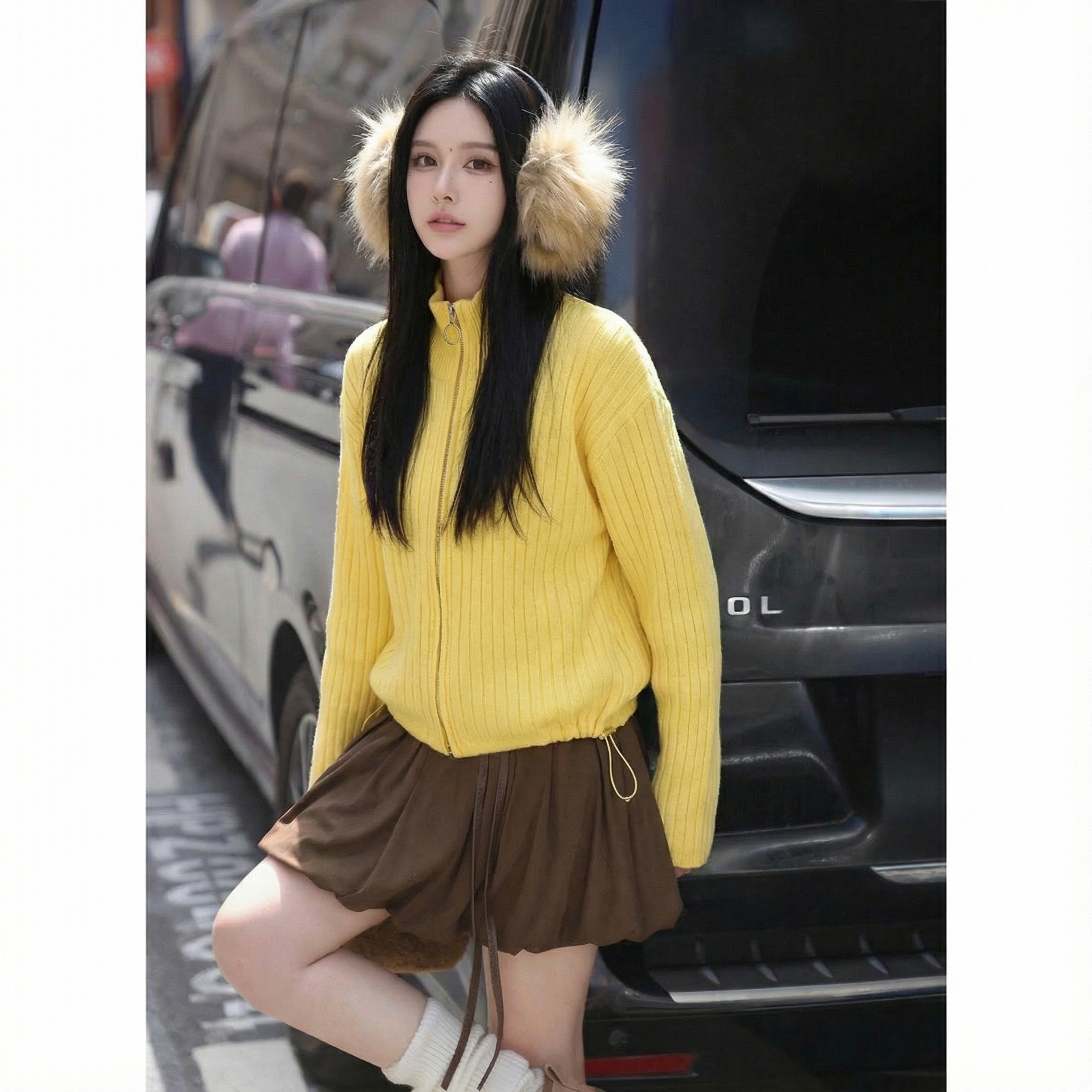 FANRUI/泛芮 「酷感绳边」羊毛拉链竖条纹弹力加厚针织外套女B19366