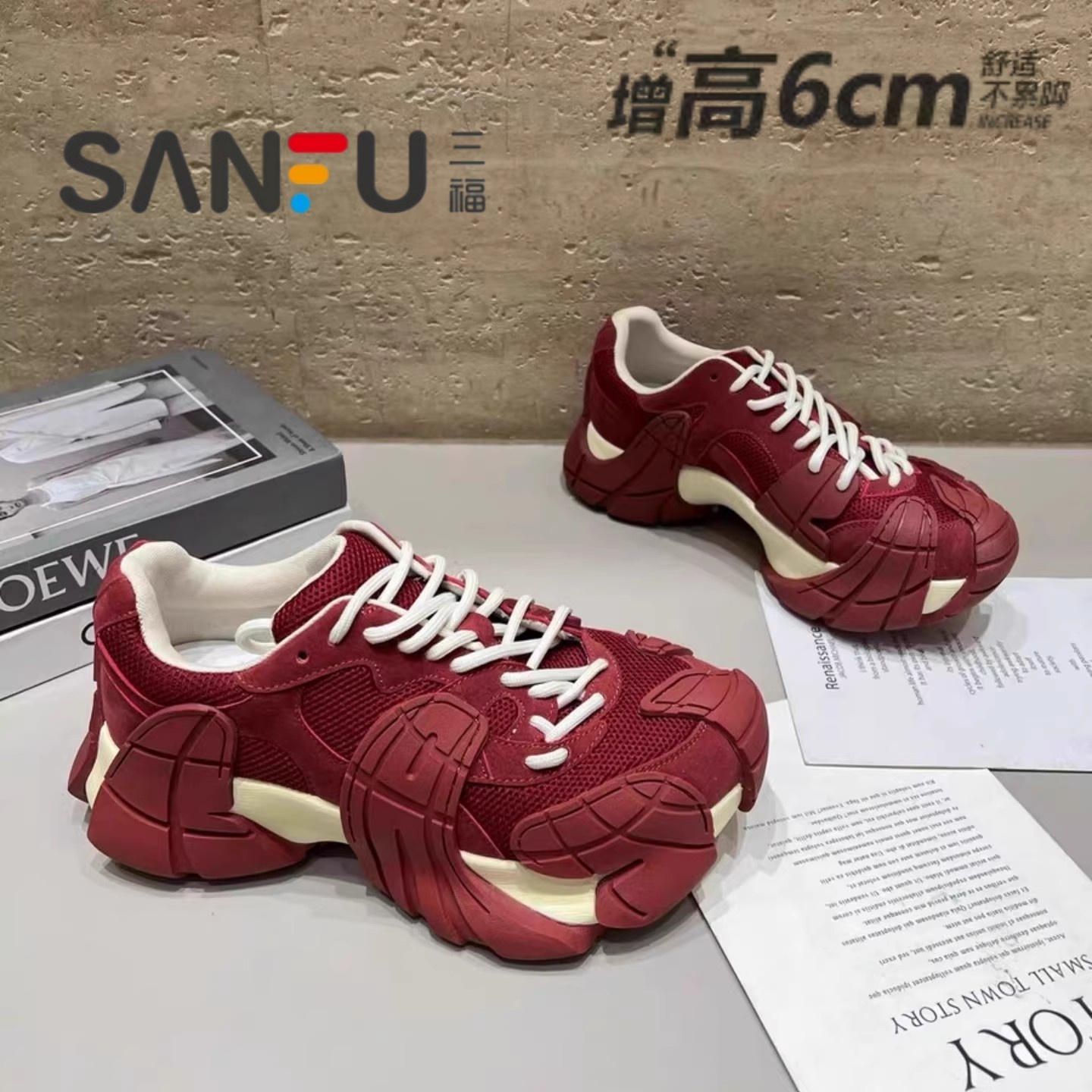 三福2025秋季新款小个子6cm松糕底百搭小众系带休闲女时尚老爹鞋