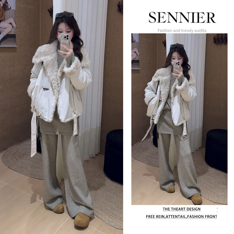 冬季穿搭女2025新款韩版洋气保暖宽松外套显瘦上衣休闲裤子三件套