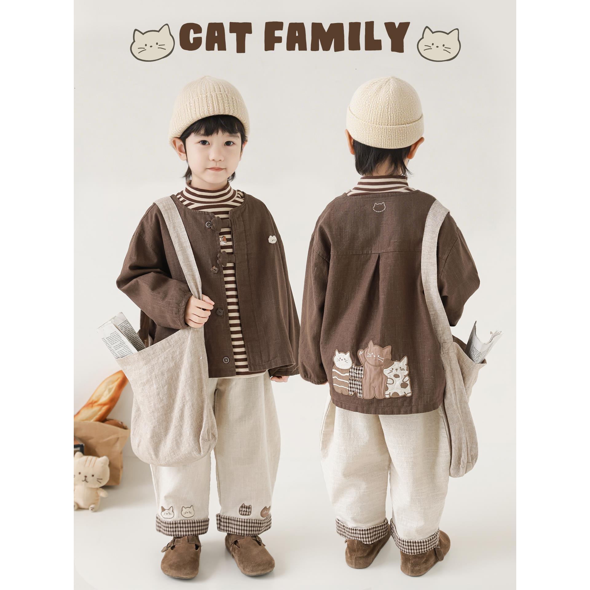 幼悠童装棉麻长袖猫咪玩偶外套宽松透气儿童百搭长裤慵懒N6694