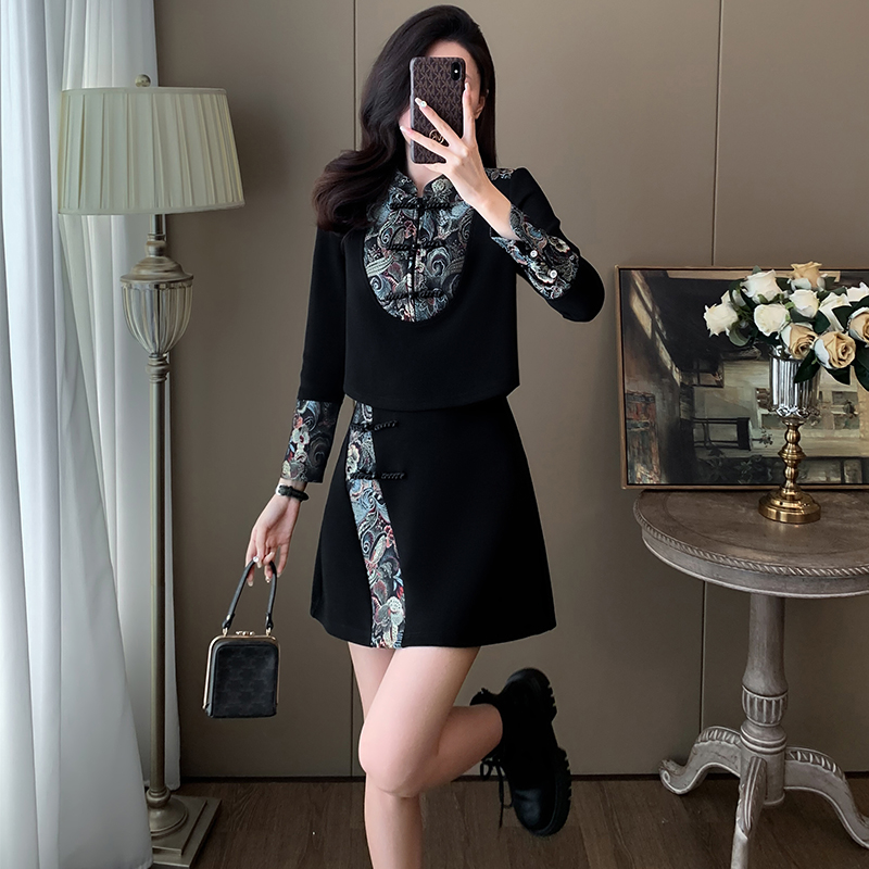新款女装黑色中国风时尚套装裙春秋季显瘦气质高级感短裙子两件套