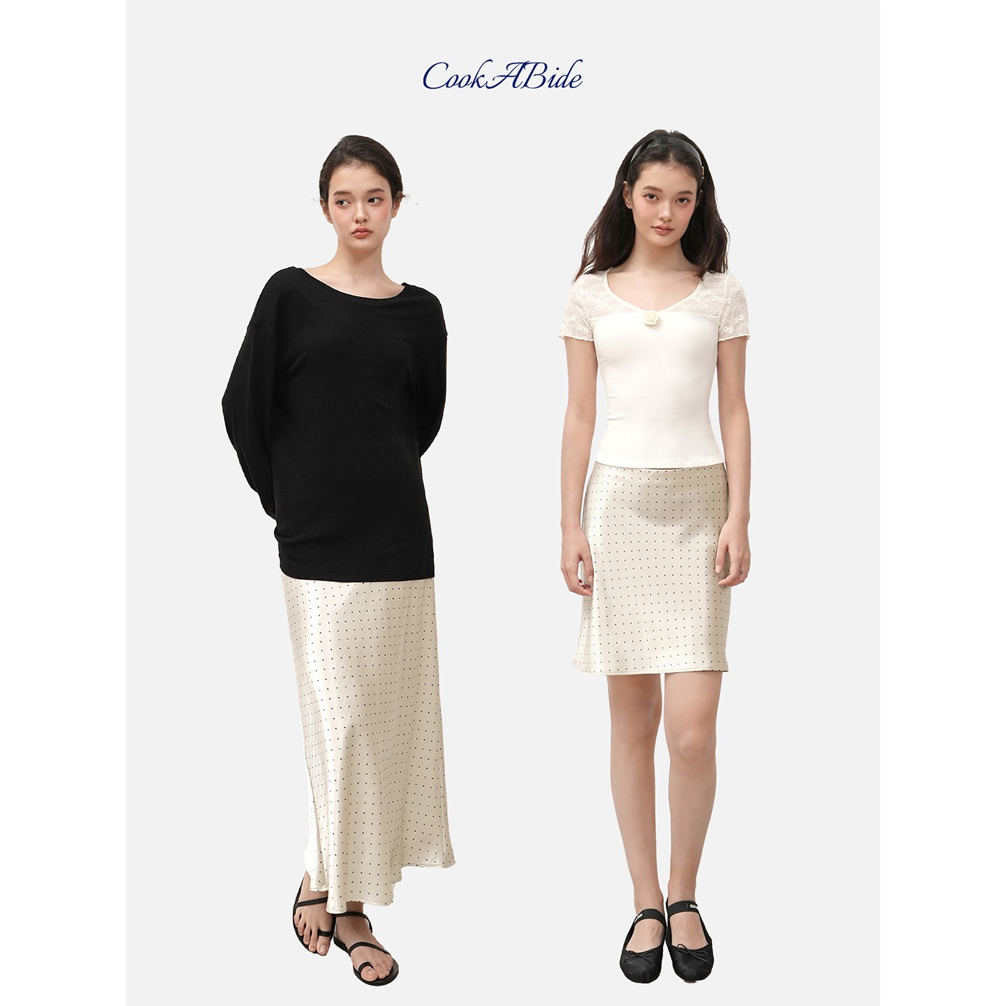 CookABide 法式气质斜裁波点半身裙长短款