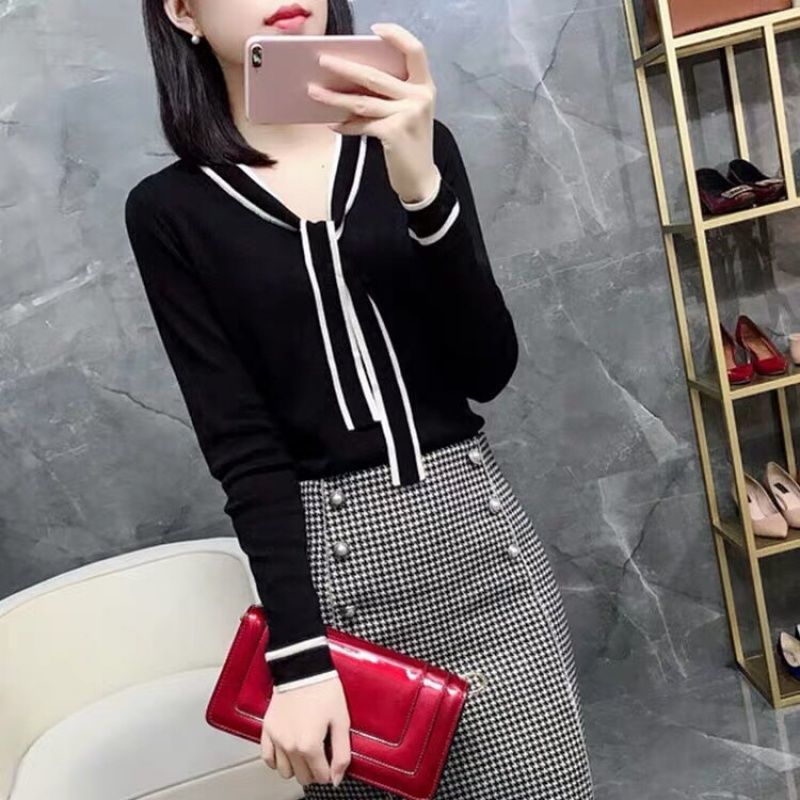 mm针织长袖T恤女外穿学院风系带百搭短款打底衫V领上衣女春秋款