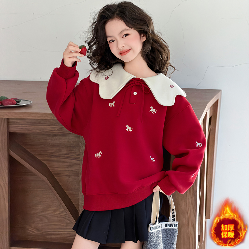 女童甜美系娃娃领加绒卫衣2025新款秋冬装儿童加厚一体绒上衣红色