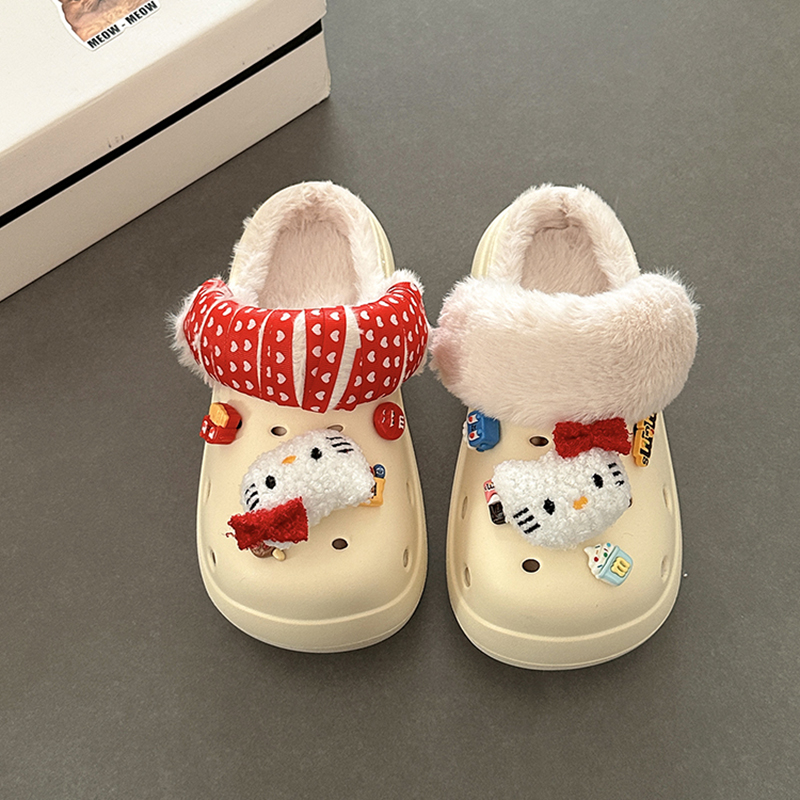 时尚可爱卡通小猫包头拖女2025秋冬新款外穿休闲风一脚蹬加绒拖鞋