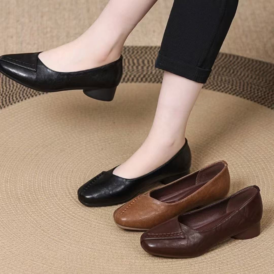 2025法式粗跟方头单鞋女复古软底舒适百搭低跟浅口672.
