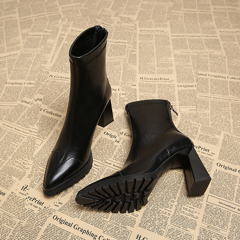 羊皮小个子厚底真皮短靴女尖头高跟秋冬季加绒裸靴韩版瘦瘦马丁靴