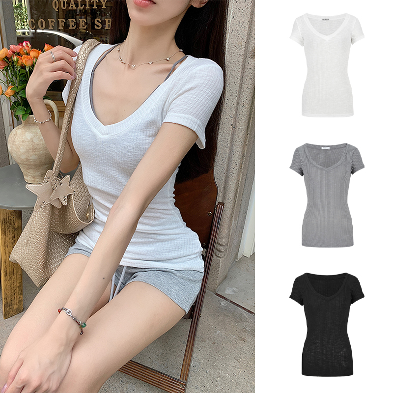 Moses Queen/魔西女王纯欲微透V领正肩短袖T恤显瘦掐腰小心机上衣