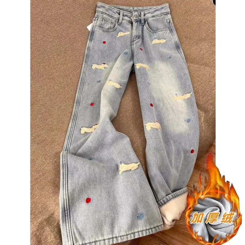 腊肠狗加绒牛仔裤女秋冬季蓝色刺绣高腰显瘦垂感加厚直筒阔腿裤子
