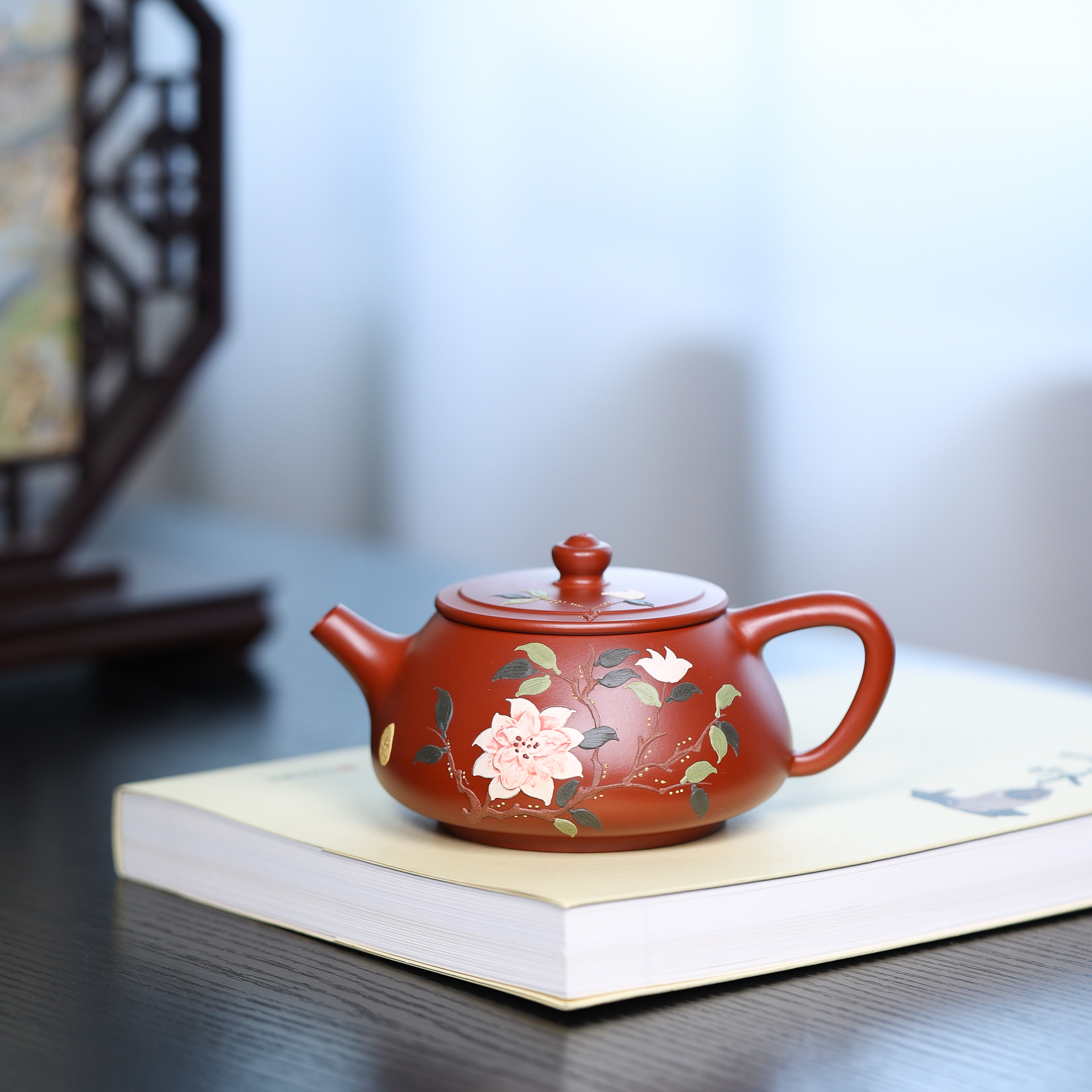 宜兴正宗原矿紫砂壶朱泥大红袍聚宝瓢纯手工堆绘泥绘牡丹花石瓢壶