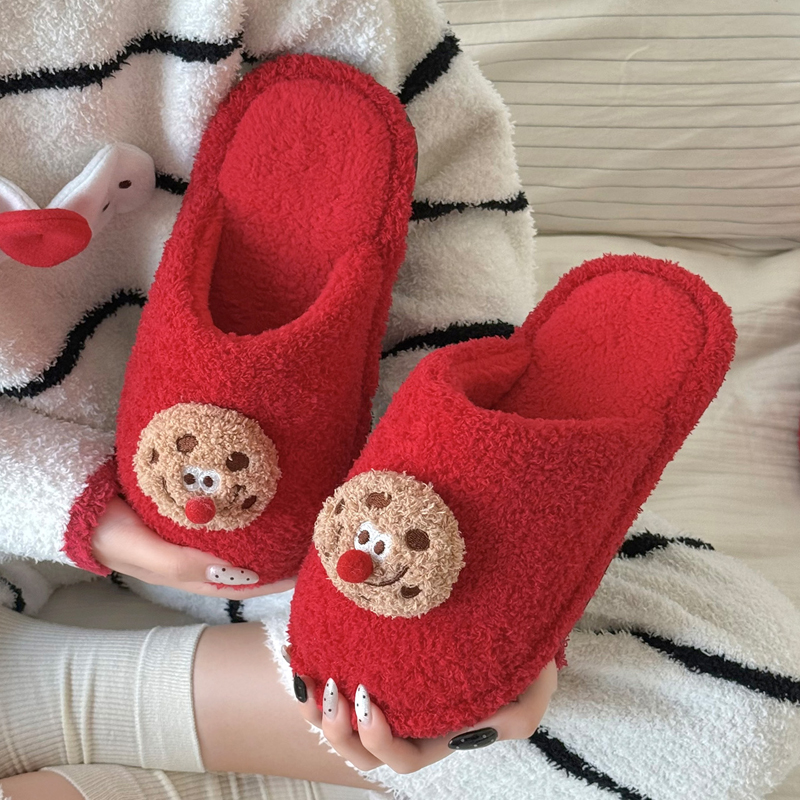猫力曲奇饼干棉拖鞋女冬季可爱情侣2025新款居家保暖红色毛毛拖鞋