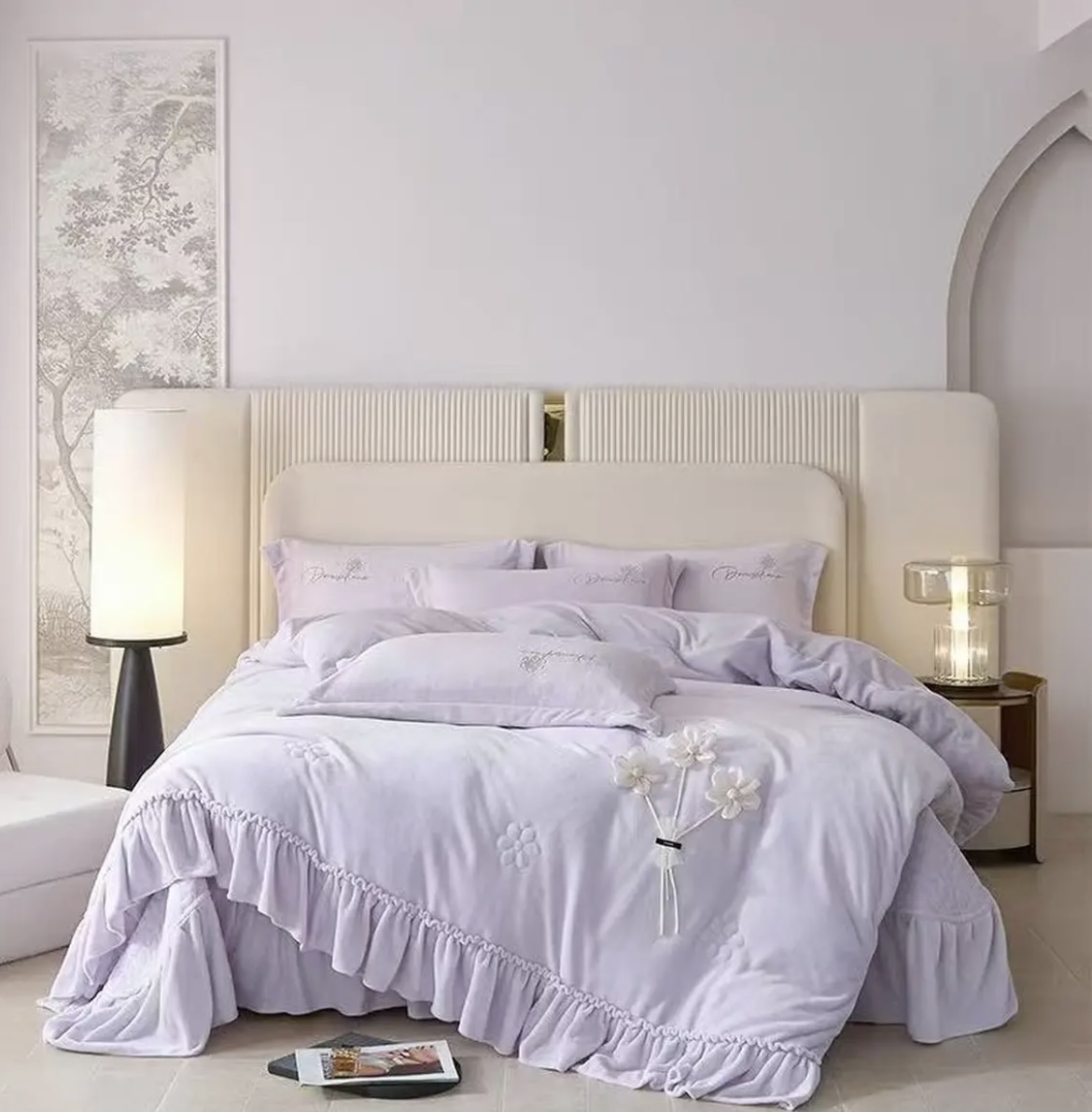 冬季保暖多功能四件套法式花边床盖款加厚夹棉